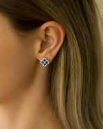 Model wearing Tanzanite Clover Earrings Silver, ideal Daily Wear or Anniversary gift