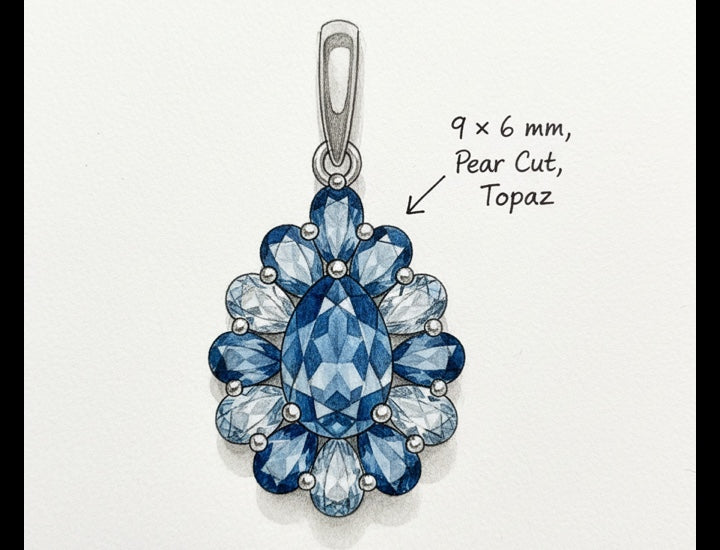 Original hand-drawn design sketch for Fancy Halo 1.48ct Pear Cut Natural London Blue Topaz Necklace - Anniversary Gift