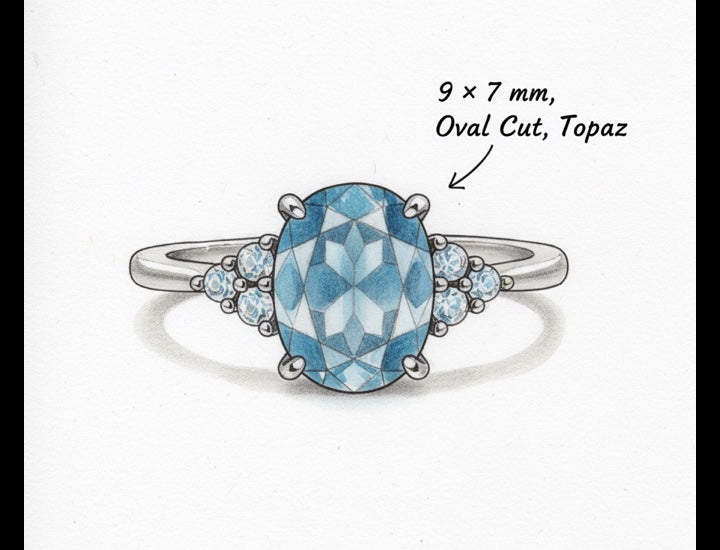 Original hand-drawn design sketch for Side Cluster 2.47ct Oval Cut Natural London Blue Topaz Ring - Anniversary Gift