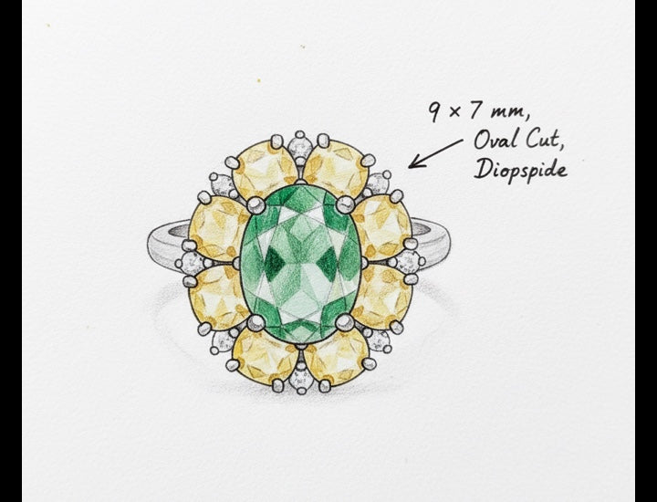 Original hand-drawn design sketch for Halo 2.12ct Oval Cut Natural Diopside Ring in Sterling Silver - Anniversary Gift