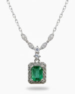 Art Deco Halo 0.43ct Emerald Cut Natural Emerald Candy Style Necklace - Anniversary Gift