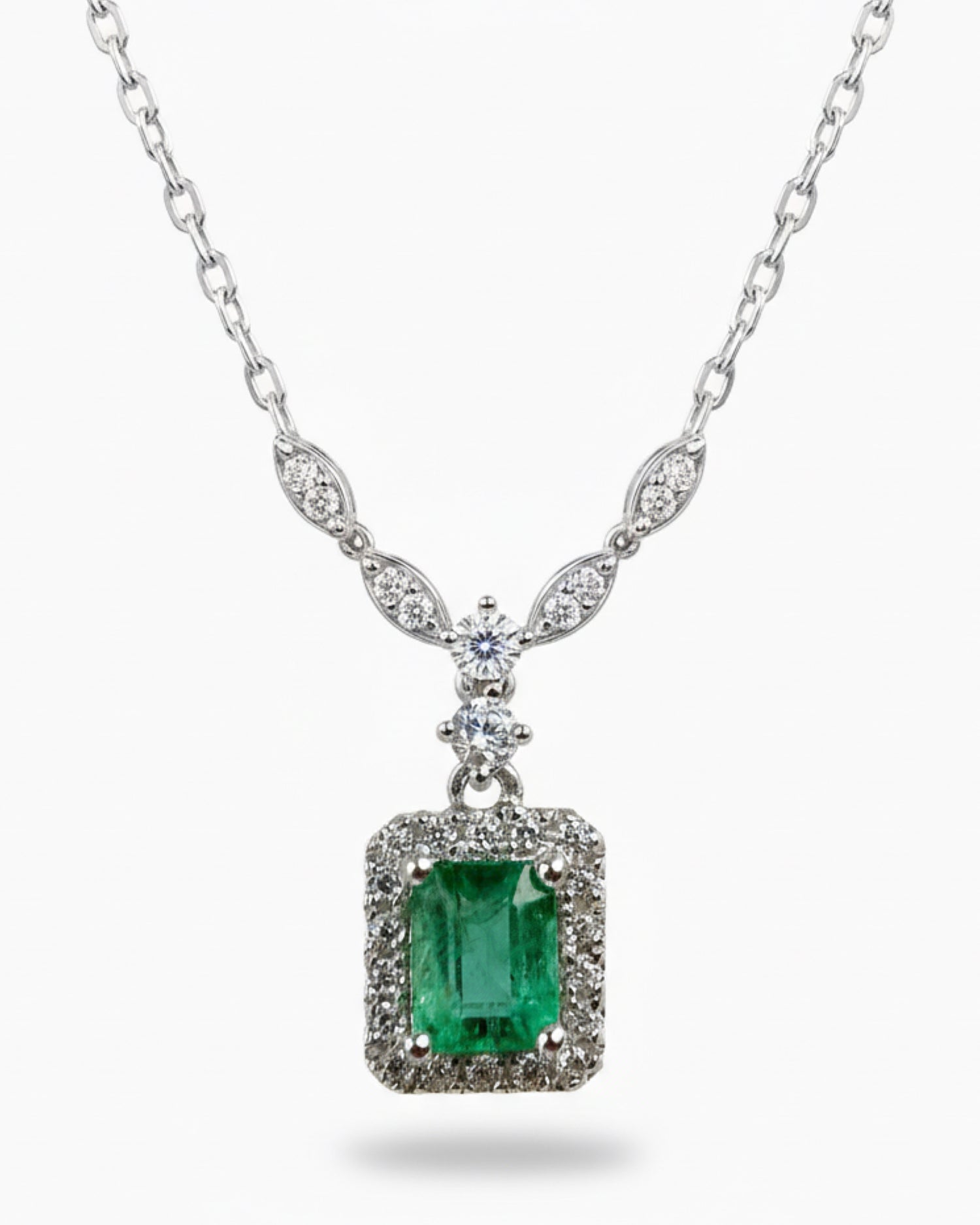 Art Deco Halo 0.43ct Emerald Cut Natural Emerald Candy Style Necklace - Anniversary Gift