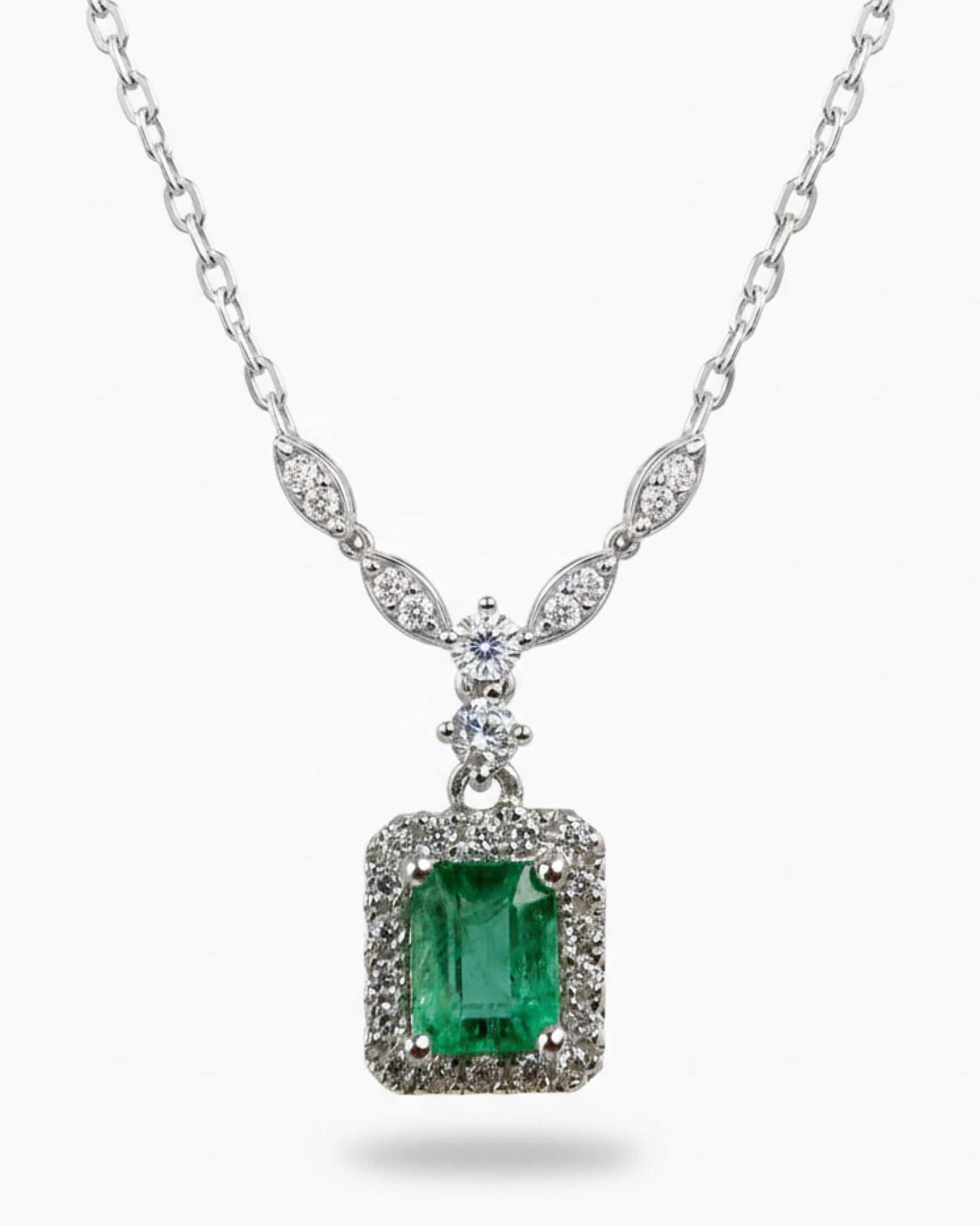 Art Deco Halo 0.43ct Emerald Cut Natural Emerald Candy Style Necklace - Anniversary Gift