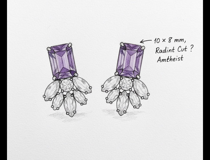 Original hand-drawn design sketch for Nature Inspired 6.79ct Radiant Cut Natural Amethyst Earrings for Anniversary Gift