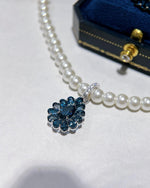 Real-life look at Pear cut blue topaz floral necklace featuring Pear Cut center stone