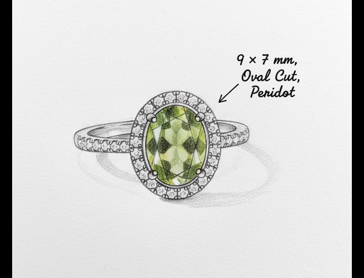 Original hand-drawn design sketch for Classic Halo 1.73ct Oval Cut Natural Peridot Ring for Anniversary Gift