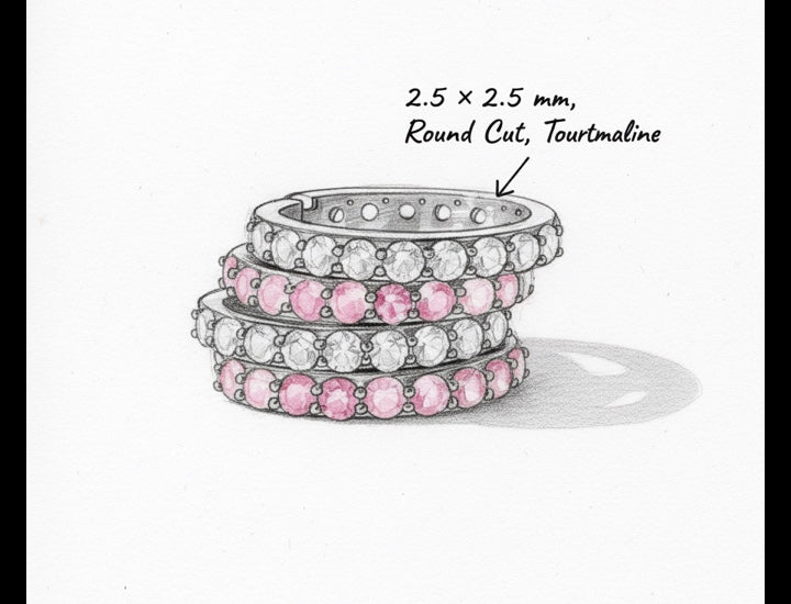 Original hand-drawn design sketch for Eternity 1.97ct Round Cut Natural Pink Tourmaline Hoop Earrings - Anniversary Gift