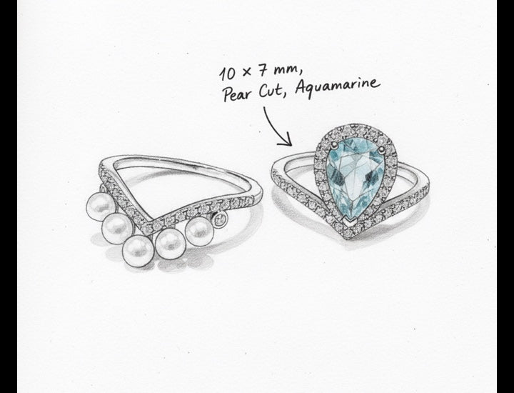 Original hand-drawn design sketch for Vintage 1.68ct Pear Cut Matural Aquamarine Bridal Set Stackable Ring - Wedding Gift
