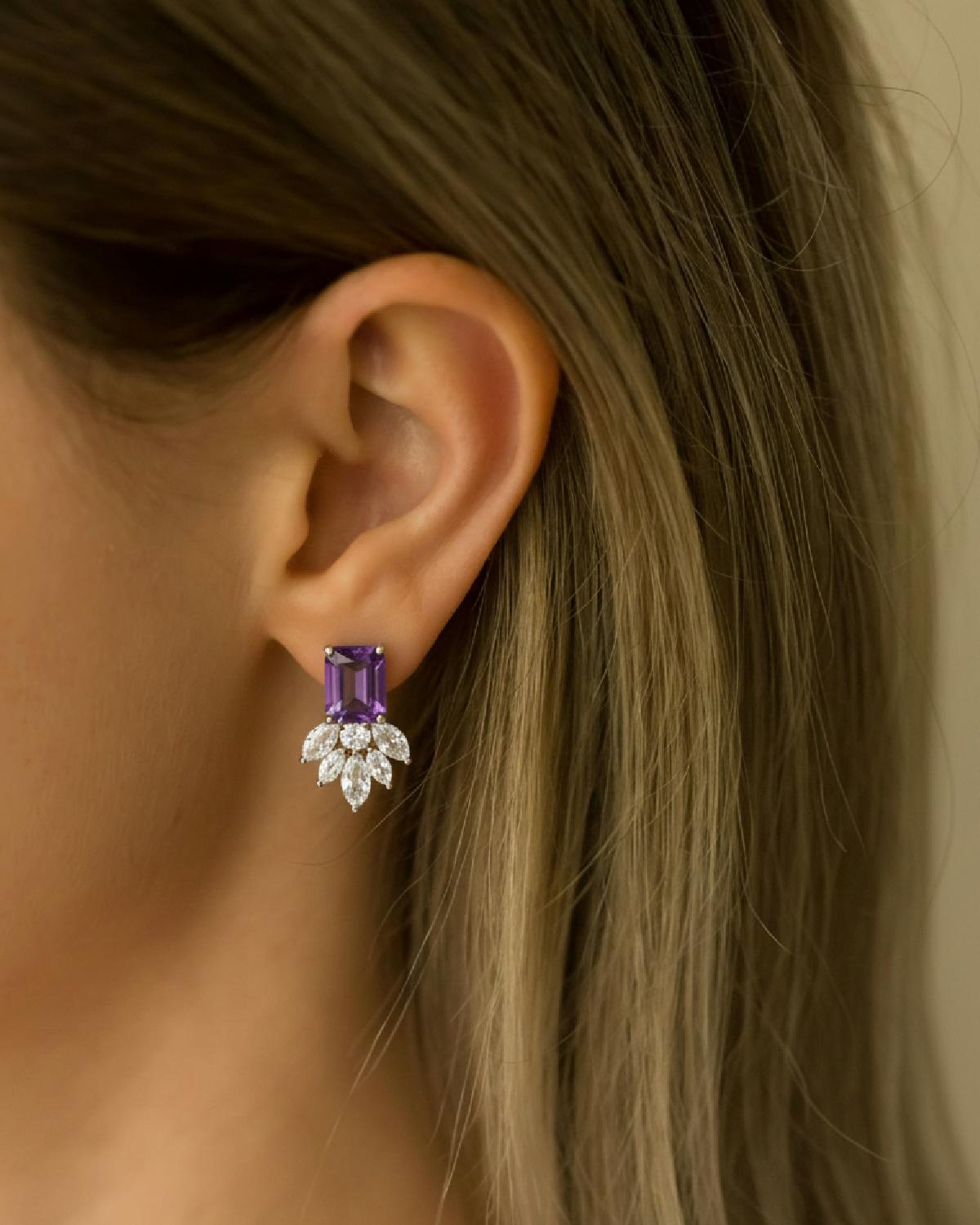 Model wearing Nature Inspired Amethyst Earrings Silver, ideal Anniversary or Mother's Day gift