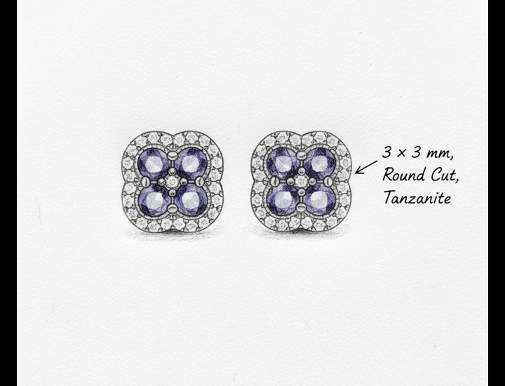 Original hand-drawn design sketch for Nature Inspired 1ct Round Cut Natural Tanzanite Clover Earrings for Anniversary Gift
