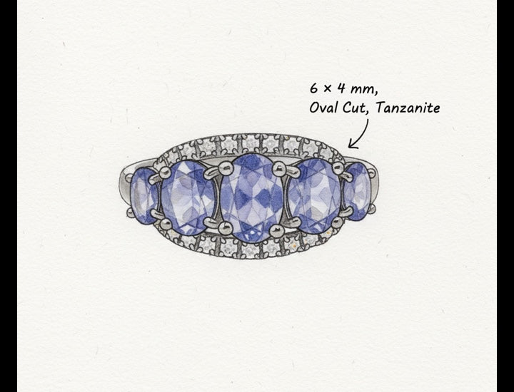 Original hand-drawn design sketch for Half Eternity 0.46ct Oval Cut Natural Tanzanite Ring in Sterling Silver - Anniversary Gift