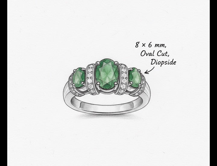Original hand-drawn design sketch for Retro 2.4ct Oval Cut Natural Diopside Three Stone Ring for Her