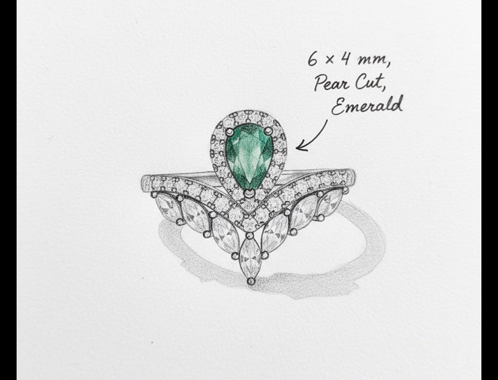Original hand-drawn design sketch for Vintage Tiara 0.34ct Pear Cut V Shape Natural Emerald Ring - Anniversary Gift