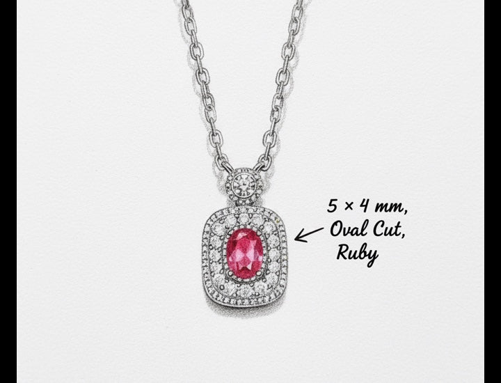 Original hand-drawn design sketch for Vintage 0.34ct Oval Cut Natural Ruby Necklace in Sterling Silver - Anniversary Gift